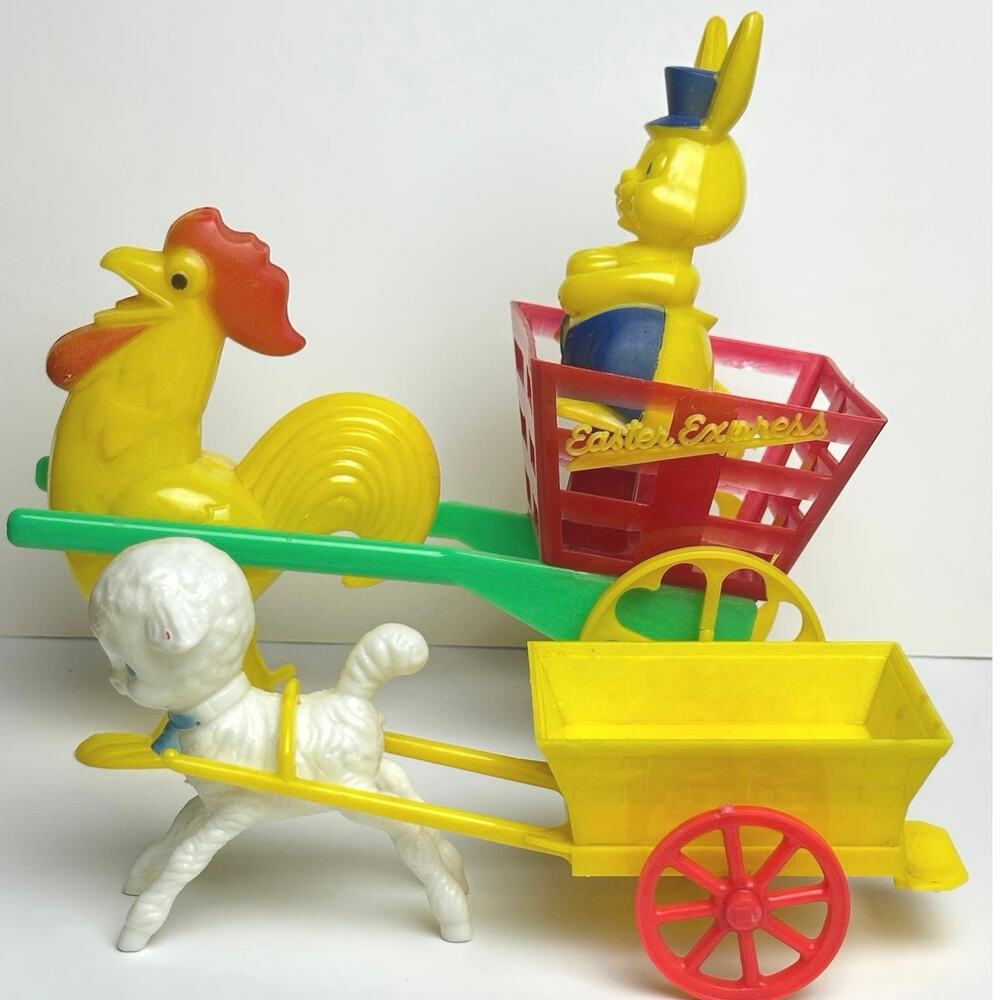 Vintage 1950s Easter Express plastic pull toy display set Rooster Lamb Rabbit